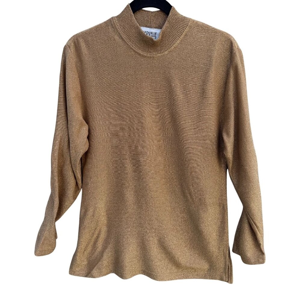 Cervelle Vintage Metallic‎ Gold Mock Neck Shimmer Disco Knit Top S Holiday Glam